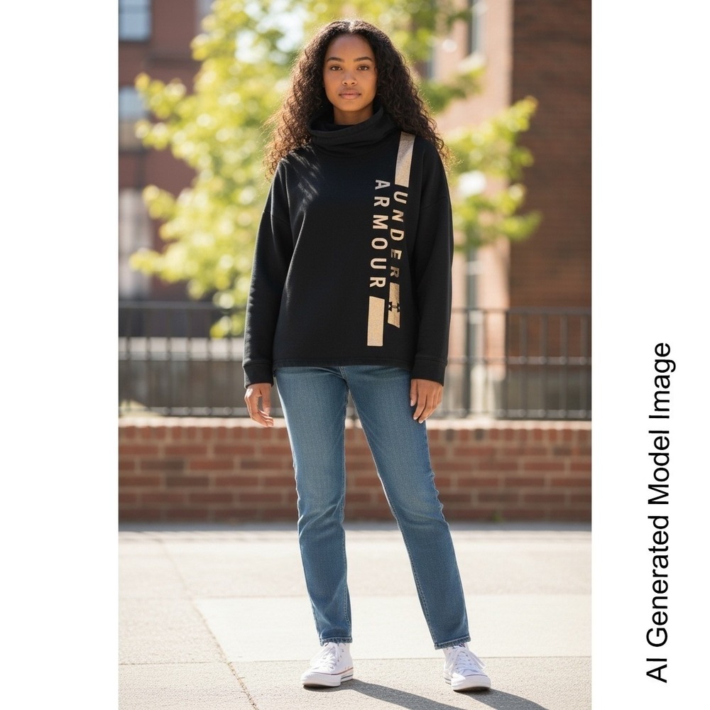 Under Armour Womens Black Gold Metallic Graphic Funnel Neck Fleece Hoodie SM